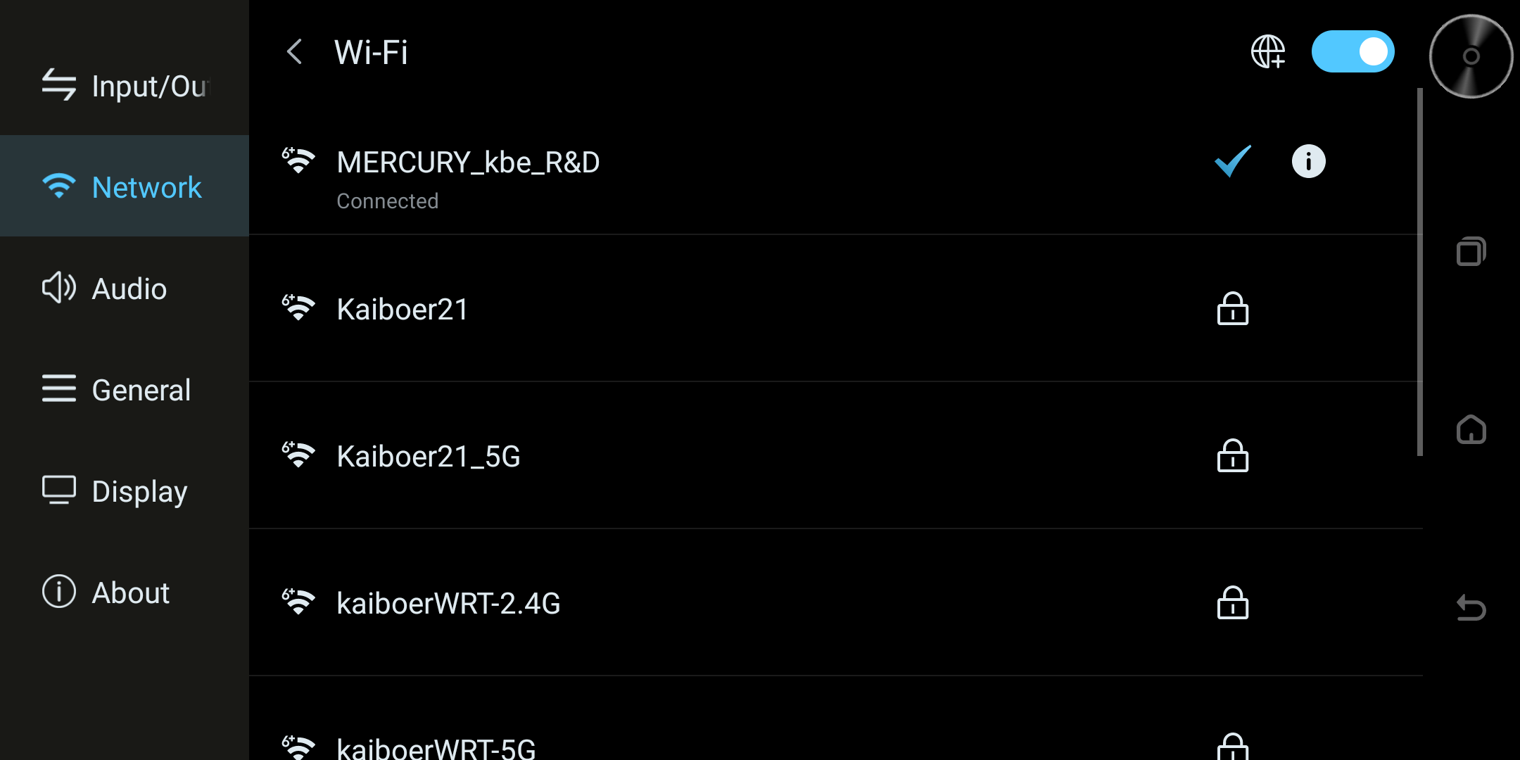 Wi-Fi settings screen with available networks.